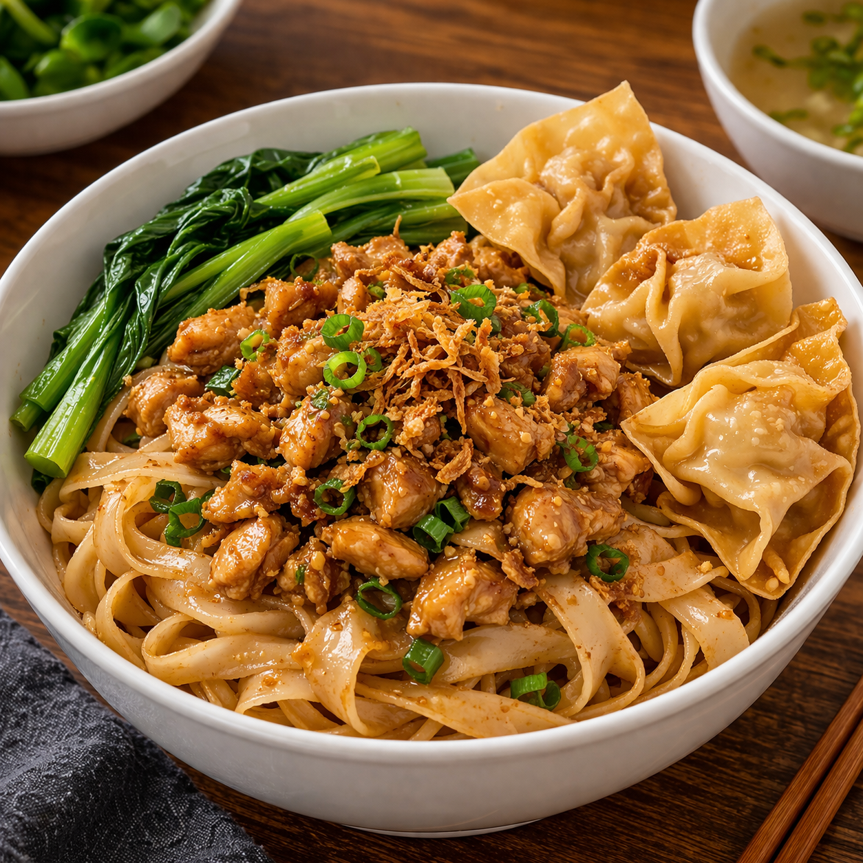 Kwetiaw Ayam Pangsit dengan pangsit gurih dan kuah hangat